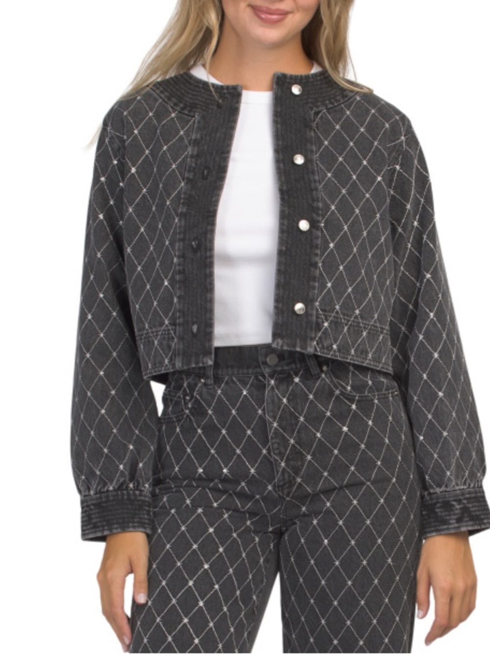 Le Jean Cropped Diamond-Stitch Button Front Jacket - Black